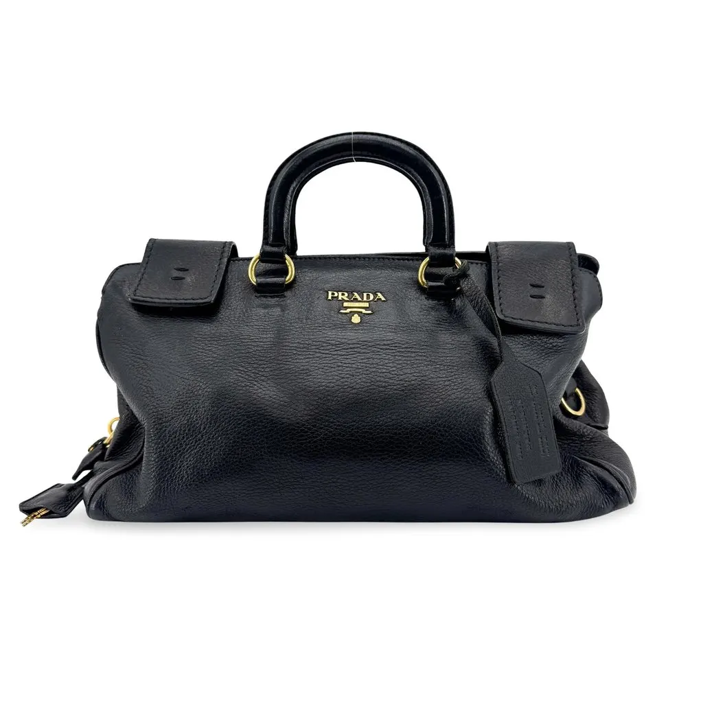 Prada Vitello Daino Top Handle Bag Black Gold Black Leather Good - Front View