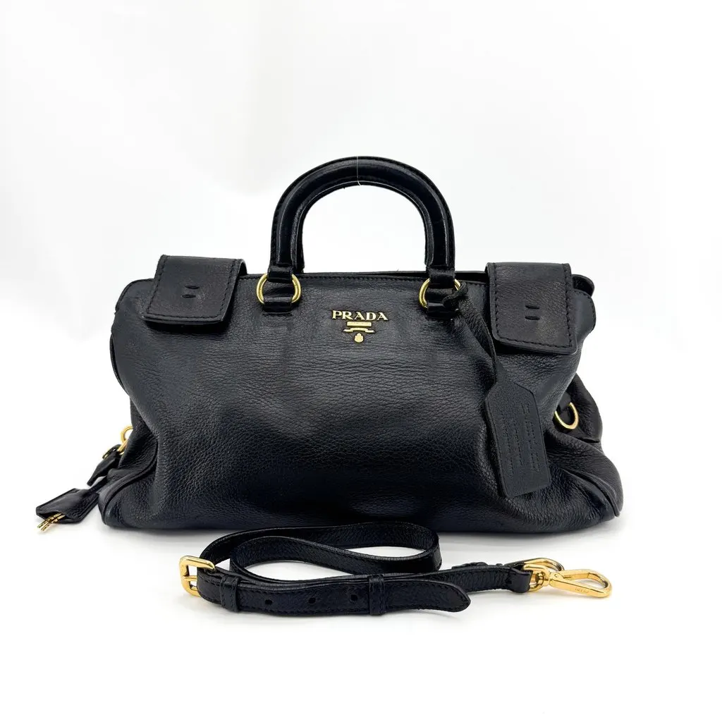 Prada Vitello Daino Top Handle Bag Black Gold Black Leather Good - Back View