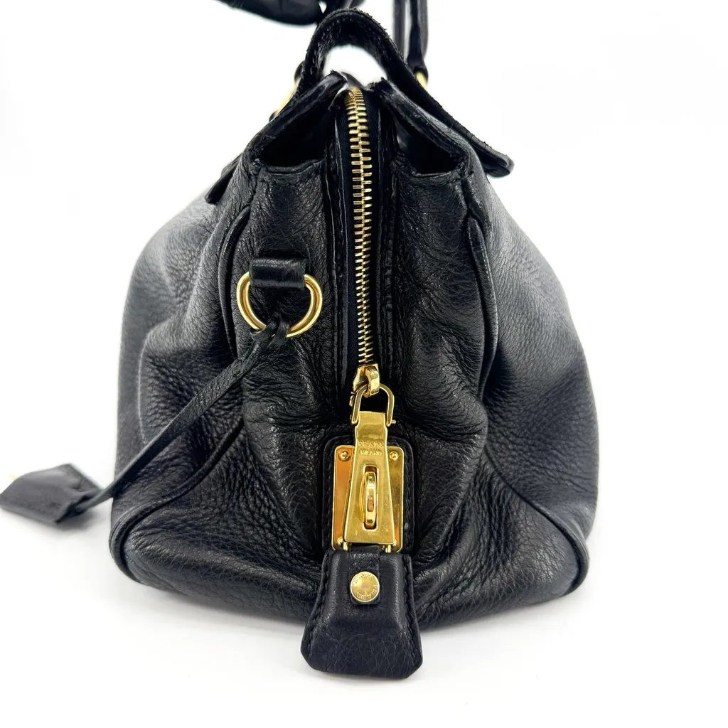 Prada Vitello Daino Top Handle Bag Black Gold Black Leather Good - Box View