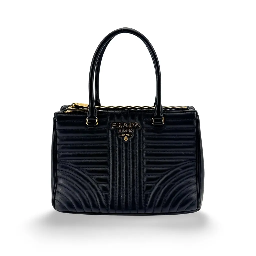 Prada Diagramme Medium Leather Tote Bag Black Gold Black Leather Very good - Front View