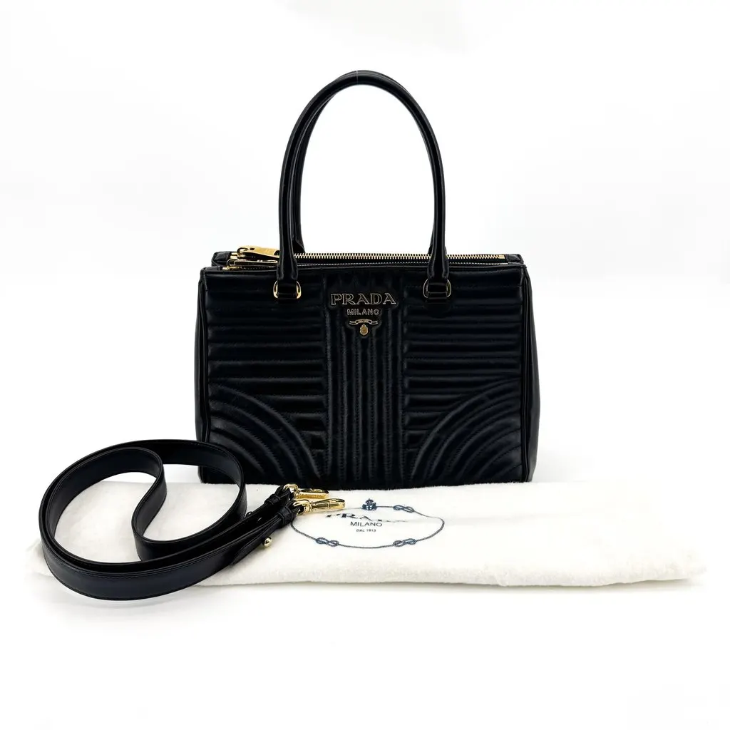 Prada Diagramme Medium Leather Tote Bag Black Gold Black Leather Very good - Back View