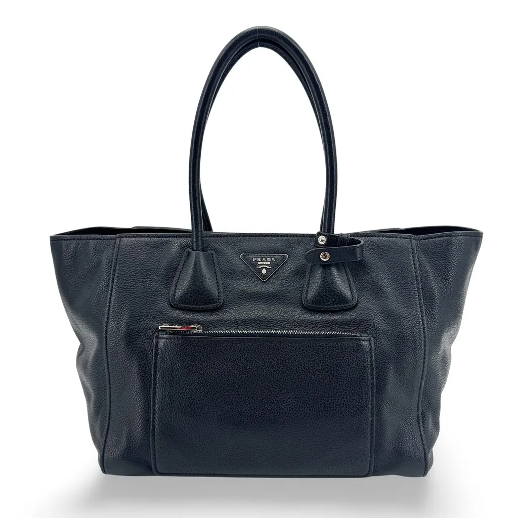 Prada Vitello Phenix Tote Bag Black Black Leather Very good - Front View