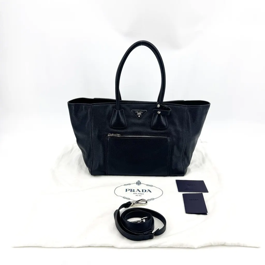 Prada Vitello Phenix Tote Bag Black Black Leather Very good - Back View
