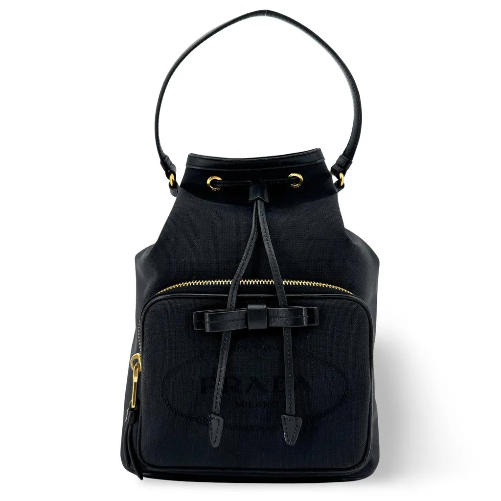 Prada Logo Jacquard Ribbon Bucket Bag Black Gold Black Canvas Very good - Front View