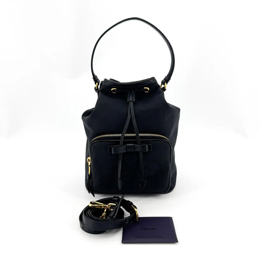 Prada Logo Jacquard Ribbon Bucket Bag Black Gold Black Canvas Very good - Back View