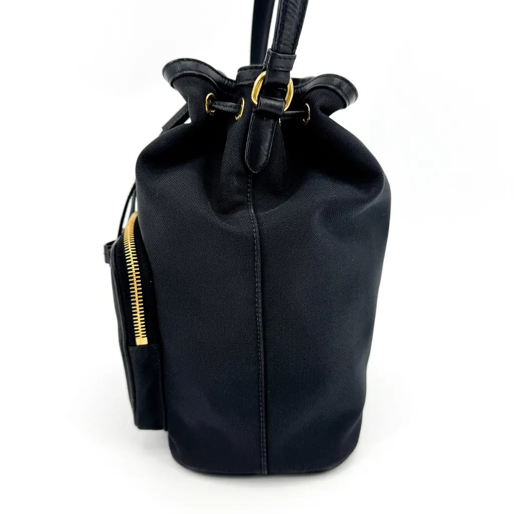 Prada Logo Jacquard Ribbon Bucket Bag Black Gold Black Canvas Very good - Model View