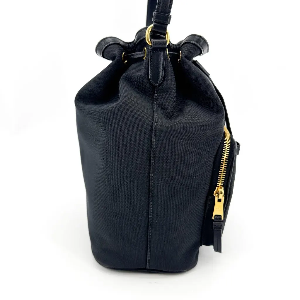 Prada Logo Jacquard Ribbon Bucket Bag Black Gold Black Canvas Very good - Box View