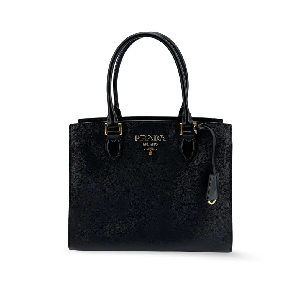 Prada Saffiano Lux Medium Tote Bag Black Gold Black Leather Good - Front View