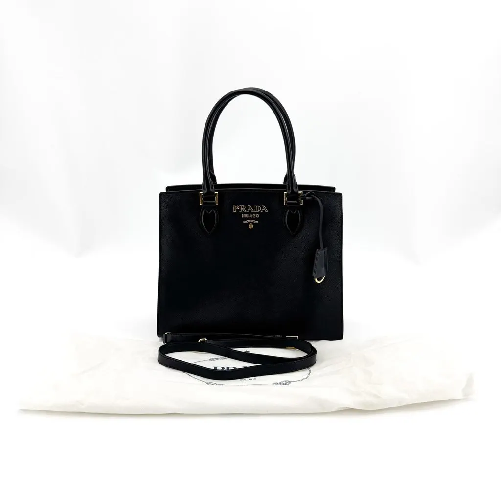 Prada Saffiano Lux Medium Tote Bag Black Gold Black Leather Good - Back View