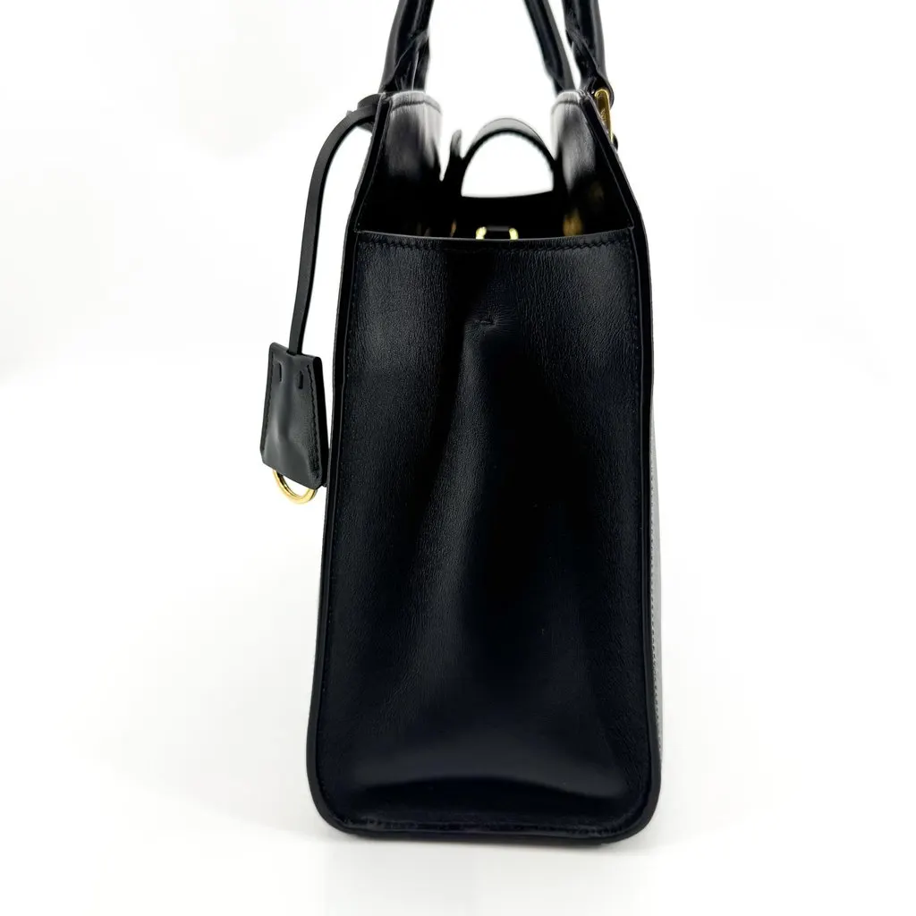 Prada Saffiano Lux Medium Tote Bag Black Gold Black Leather Good - Model View