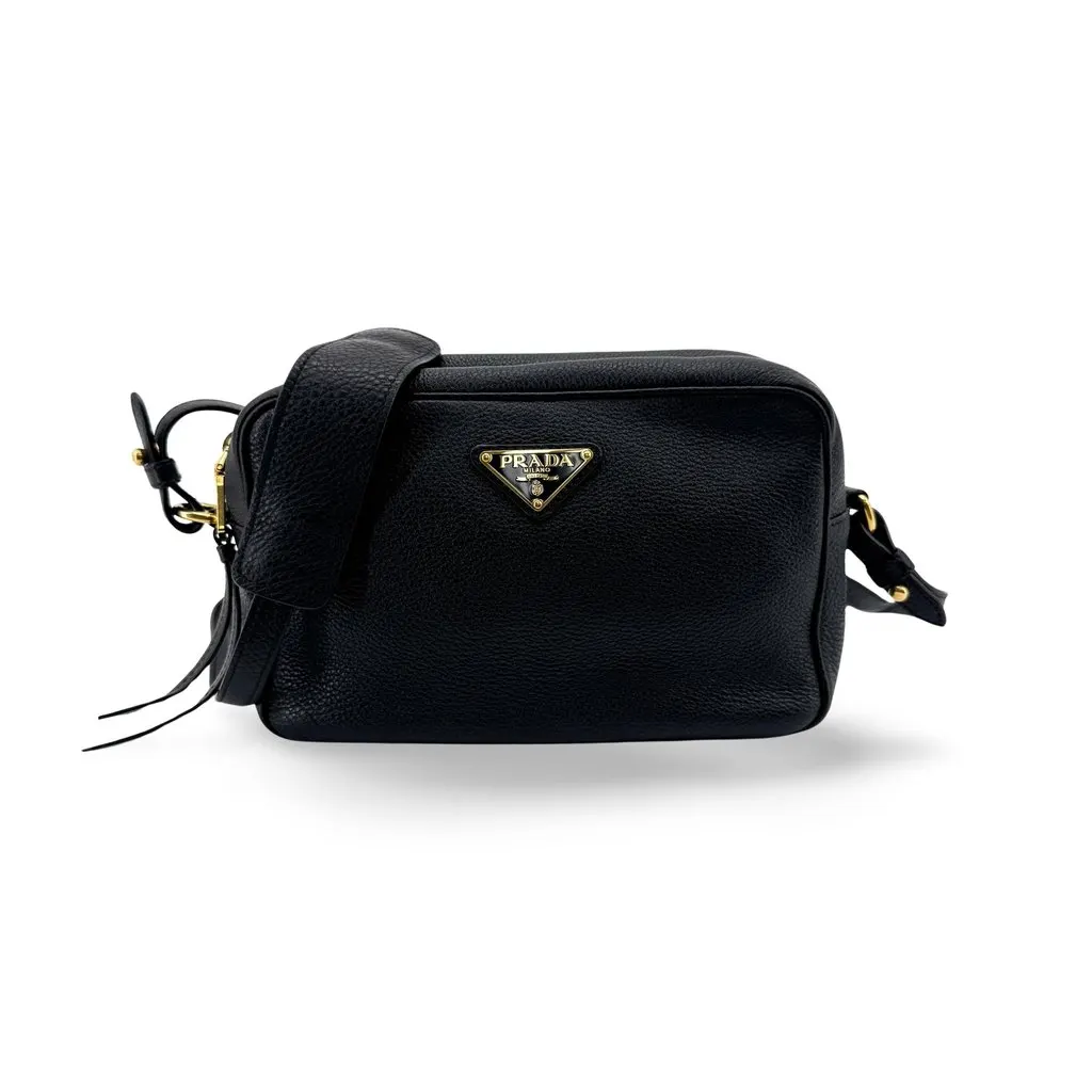 Prada Vitello Phenix Leather Camera Bag Black Gold Black Leather Very good - Front View