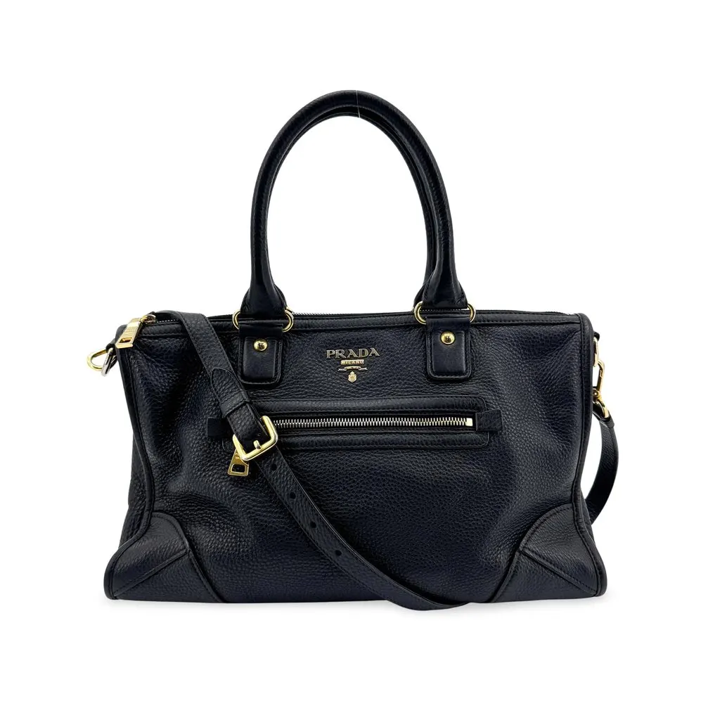 Prada Vitello Phenix Tote Bag Black Gold Black Leather Good - Front View