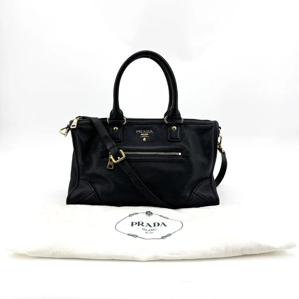 Prada Vitello Phenix Tote Bag Black Gold Black Leather Good - Back View