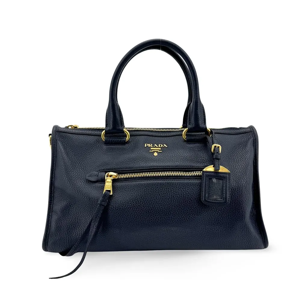 Prada Vitello Phenix Tote Bag Navy Gold Navy Leather Good - Front View
