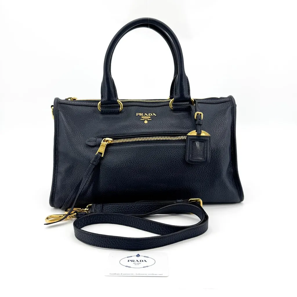 Prada Vitello Phenix Tote Bag Navy Gold Navy Leather Good - Back View