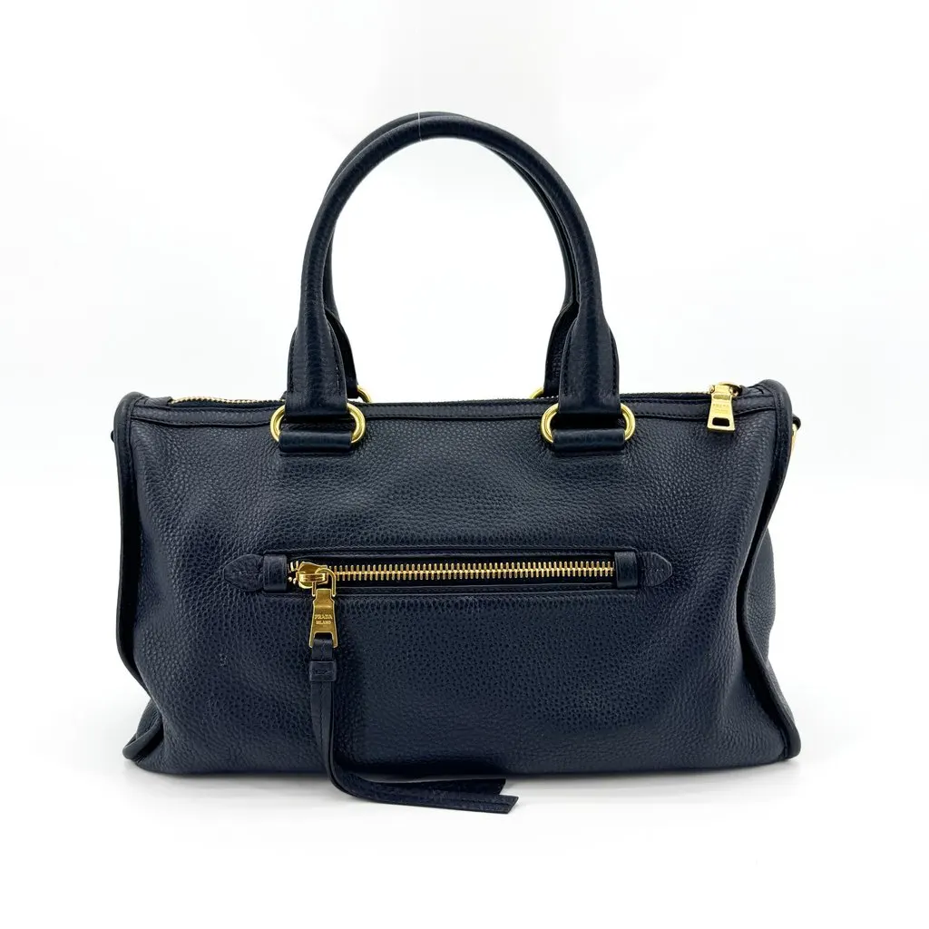 Prada Vitello Phenix Tote Bag Navy Gold Navy Leather Good - Inside View