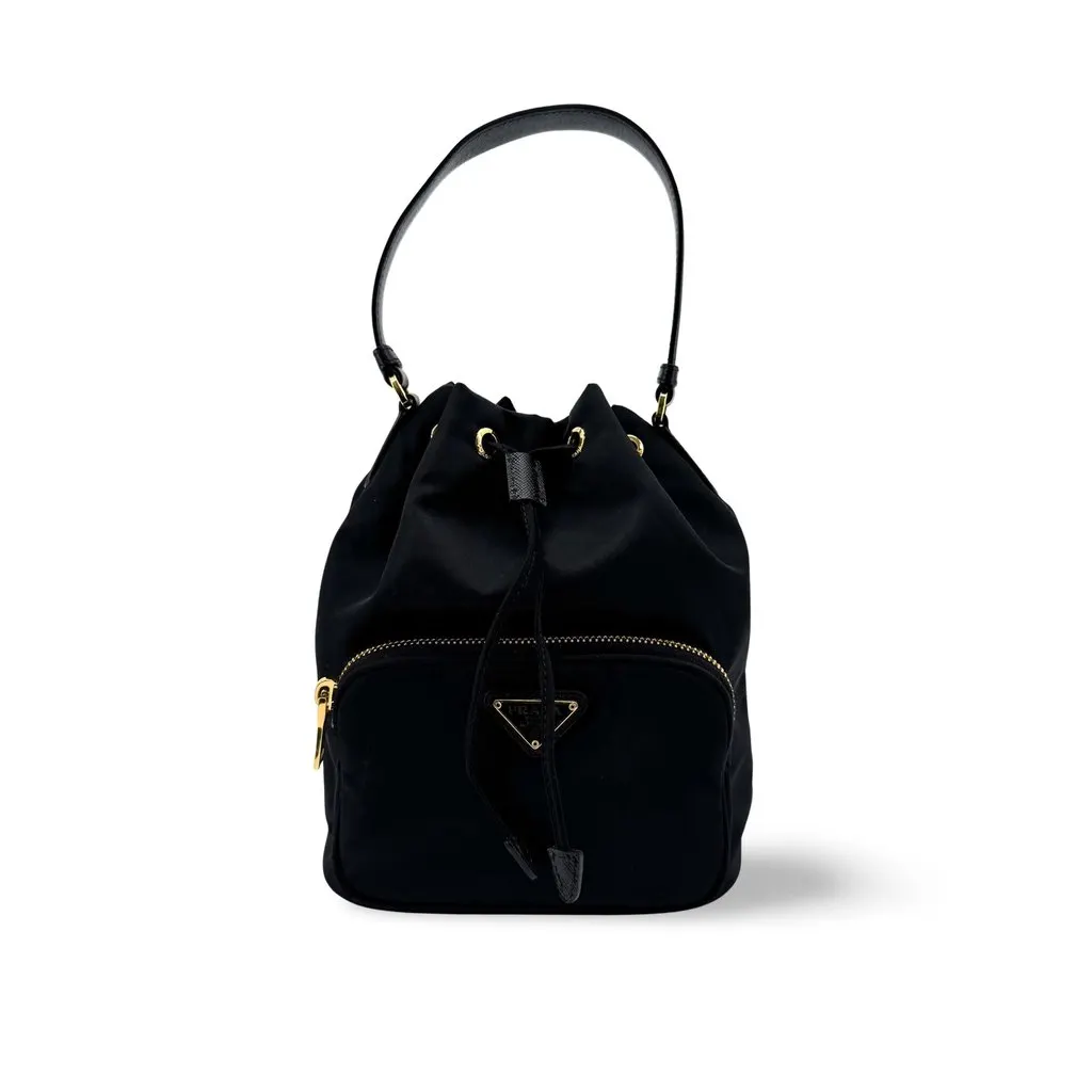 Prada Re-Nylon Duet Bucket Bag Black Gold Black Polyamide Good - Front View