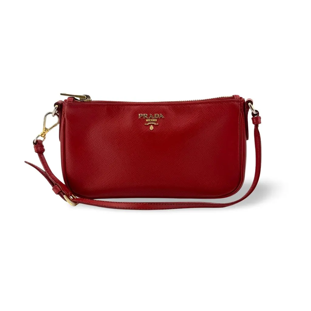 Prada Saffiano Leather Mini Shoulder Bag Red Red Leather Good - Front View