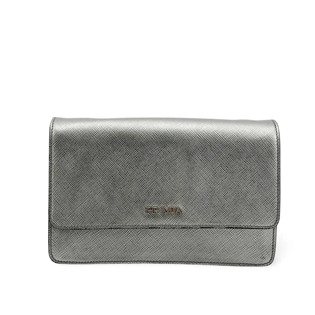 Prada Saffiano Metal Logo Chain Shoulder Bag Silver Silver Leather Good - Front View