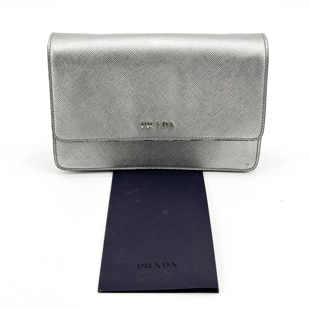 Prada Saffiano Metal Logo Chain Shoulder Bag Silver Silver Leather Good - Back View