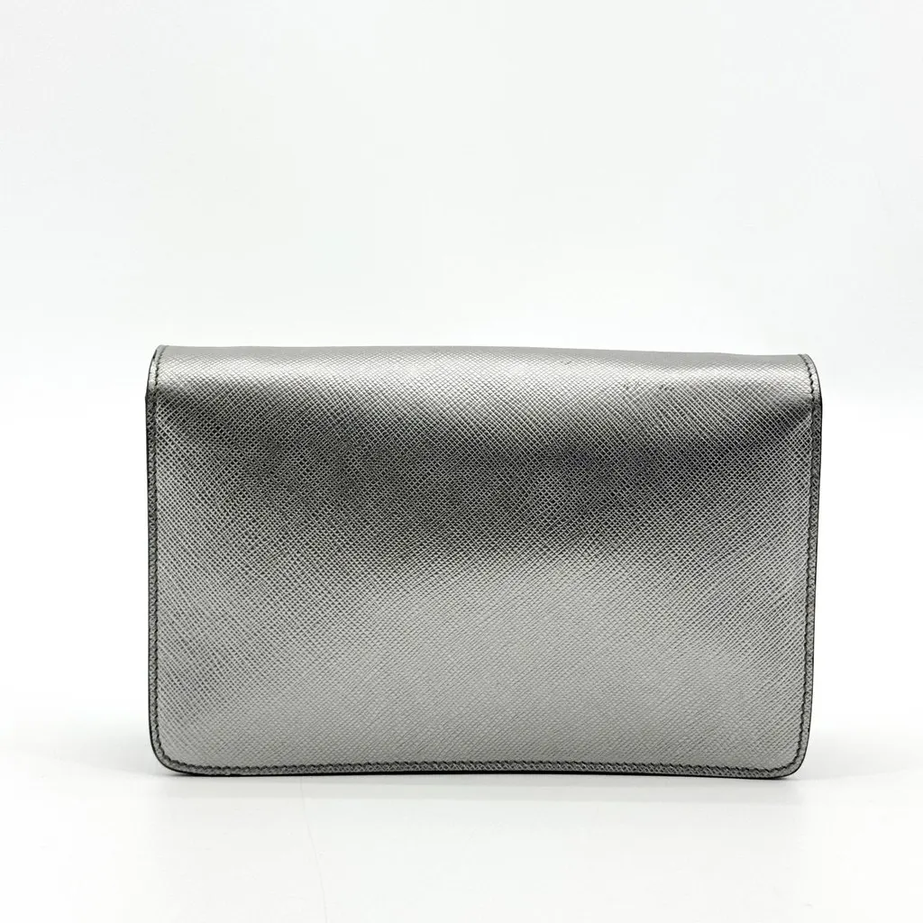 Prada Saffiano Metal Logo Chain Shoulder Bag Silver Silver Leather Good - Inside View