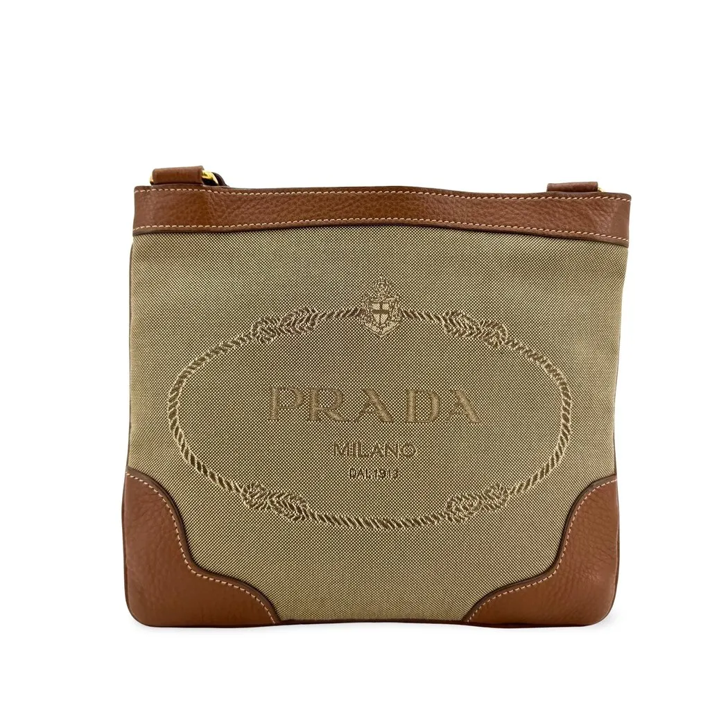 Prada Logo Jacquard Flat Crossbody Bag Corda Bruciato Beige Canvas Very good - Front View