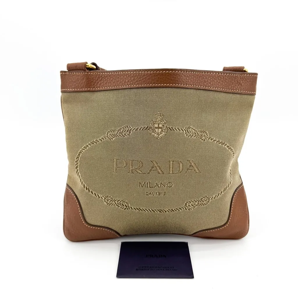 Prada Logo Jacquard Flat Crossbody Bag Corda Bruciato Beige Canvas Very good - Back View