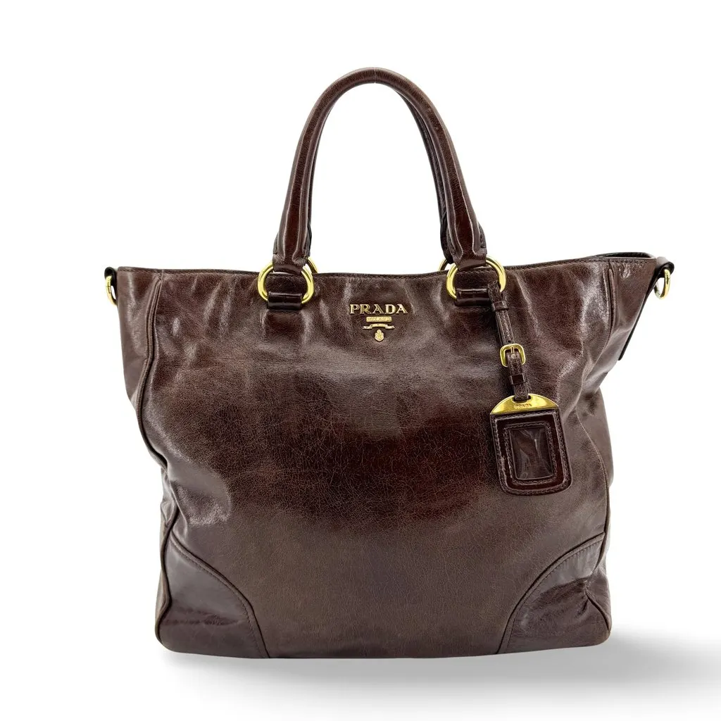 Prada Vitello Shine Tote Bag Brown Brown Leather Very good - Front View