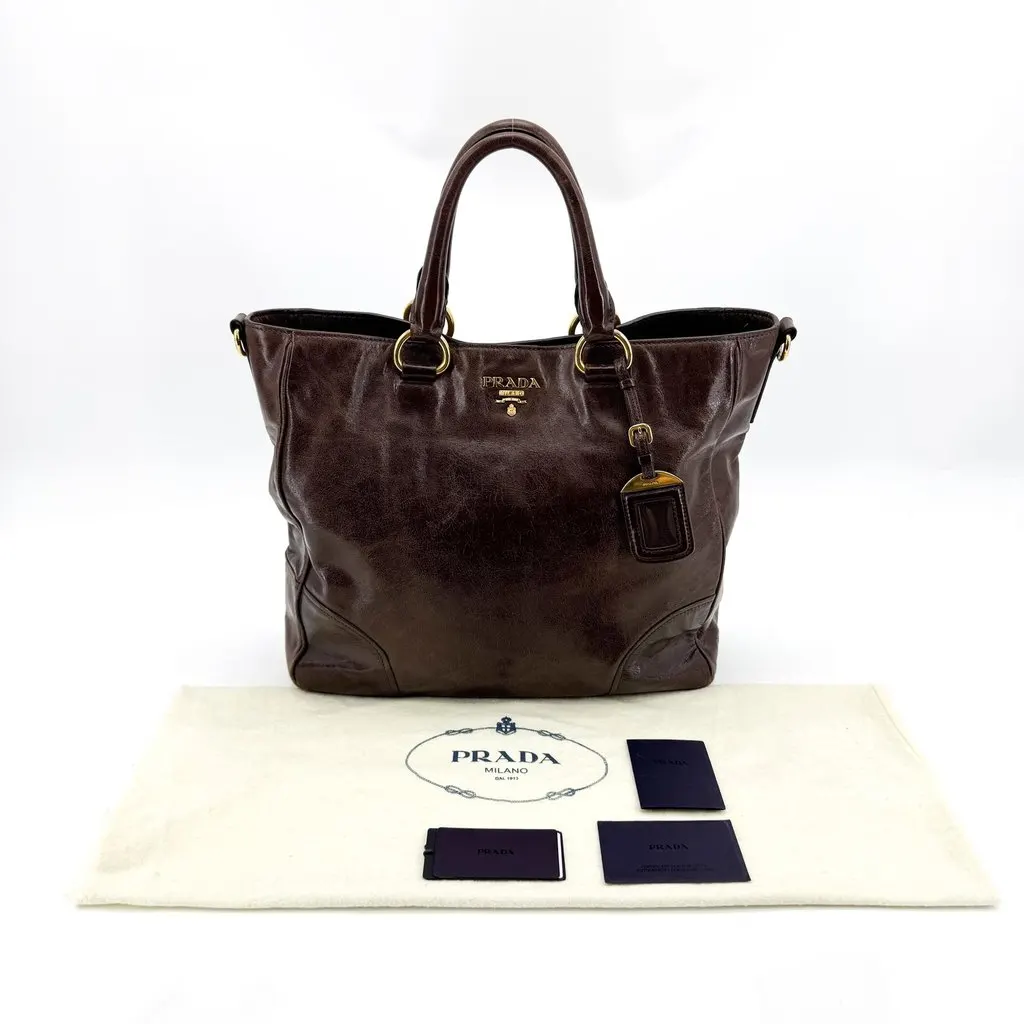 Prada Vitello Shine Tote Bag Brown Brown Leather Very good - Back View