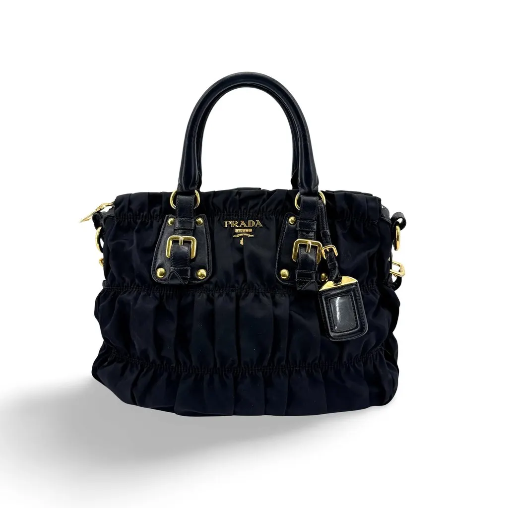 Prada Tessuto Gaufre Ruched Tote Bag Black Gold Black Polyamide Good - Front View