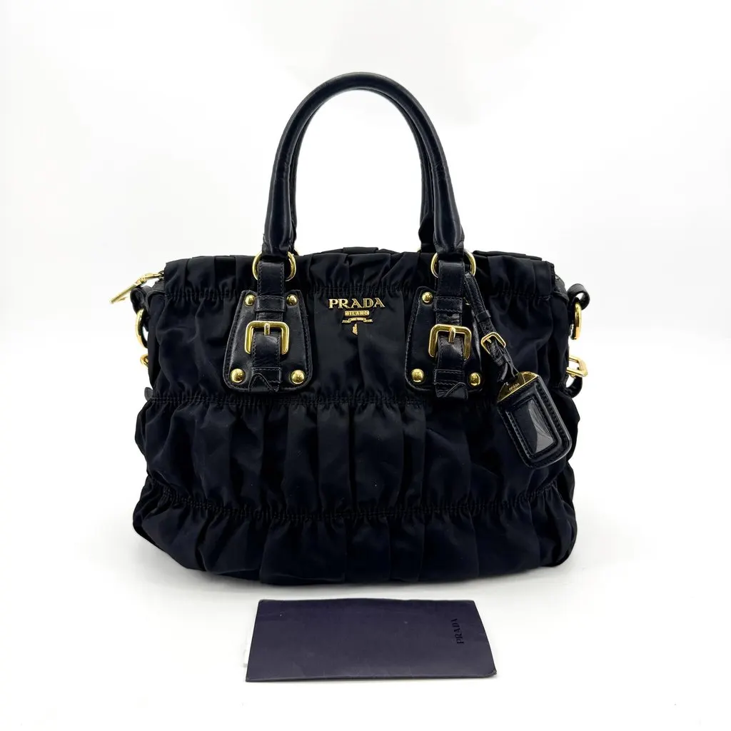 Prada Tessuto Gaufre Ruched Tote Bag Black Gold Black Polyamide Good - Back View