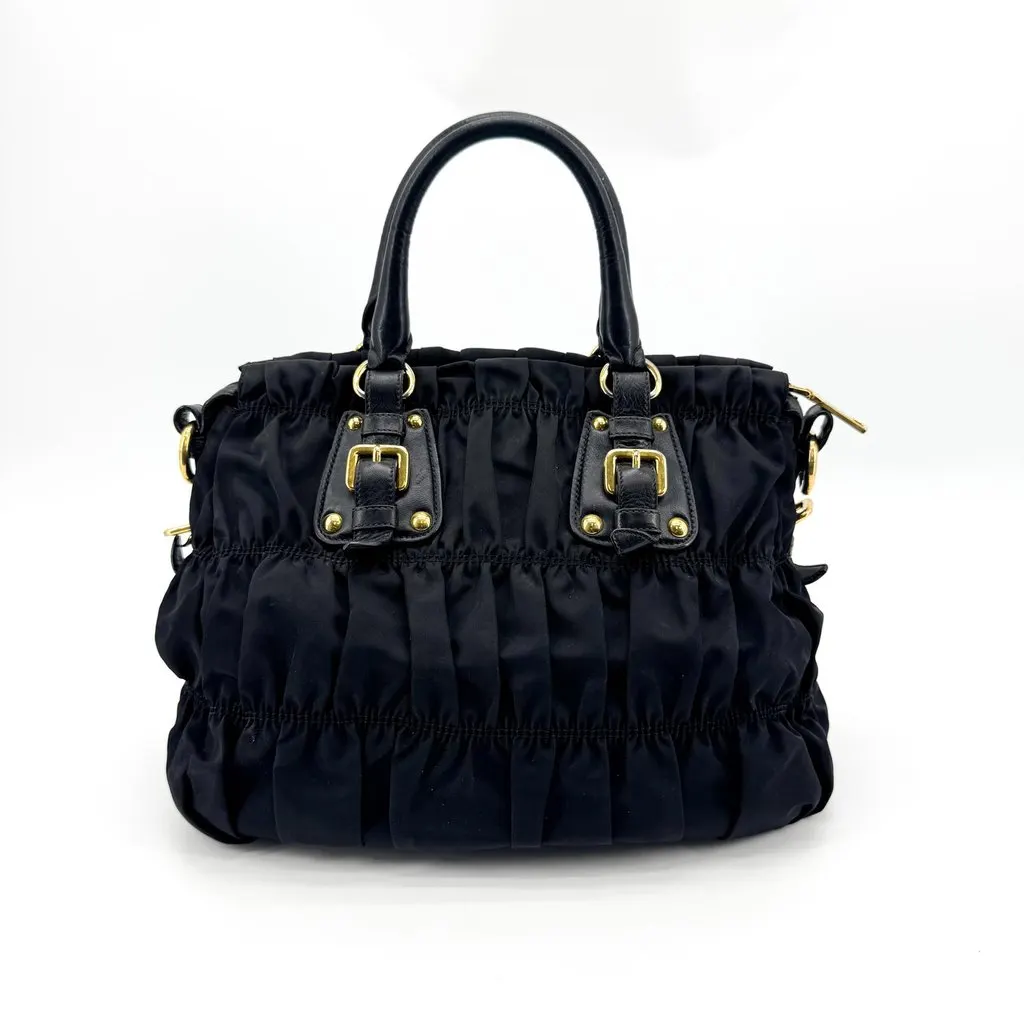 Prada Tessuto Gaufre Ruched Tote Bag Black Gold Black Polyamide Good - Inside View