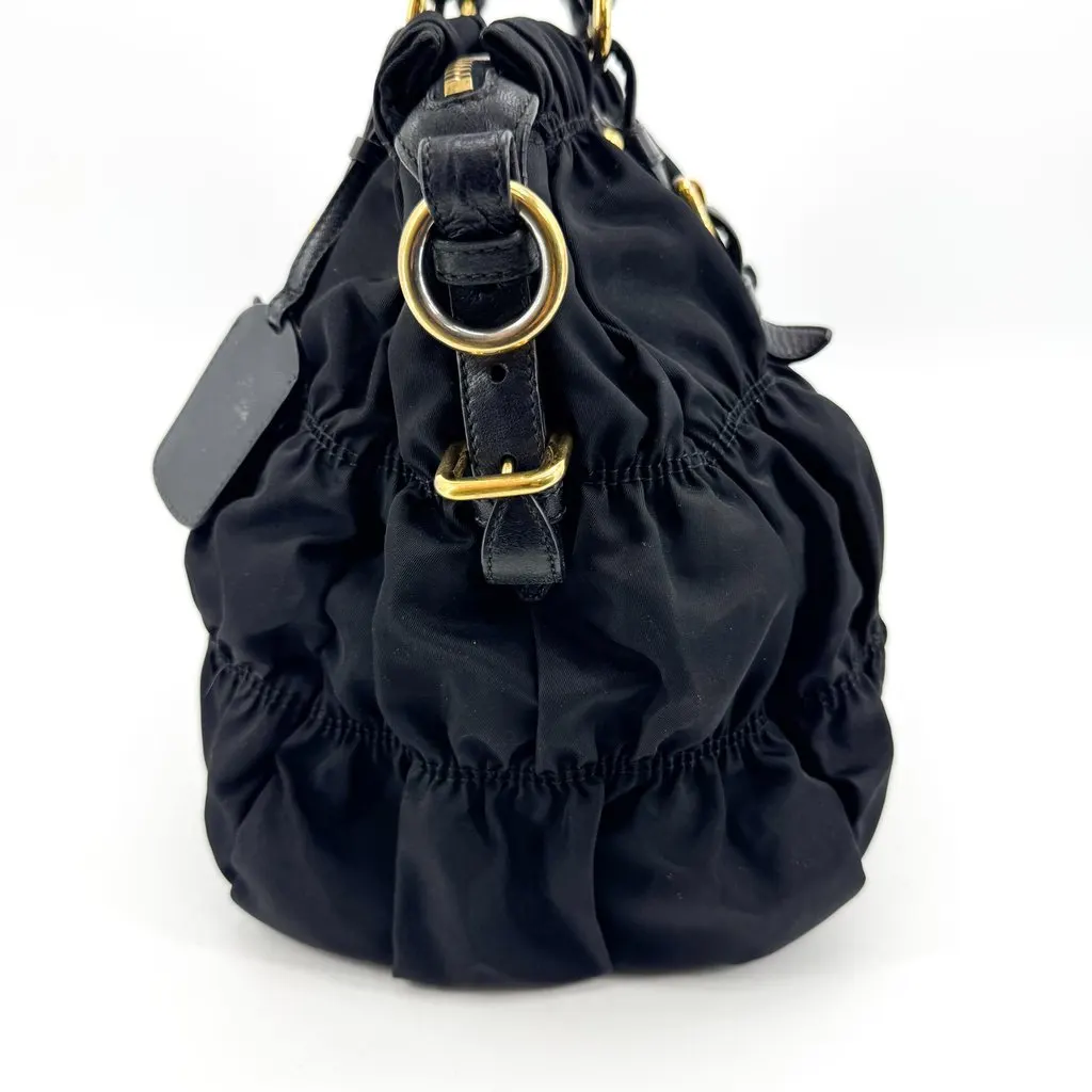 Prada Tessuto Gaufre Ruched Tote Bag Black Gold Black Polyamide Good - Model View