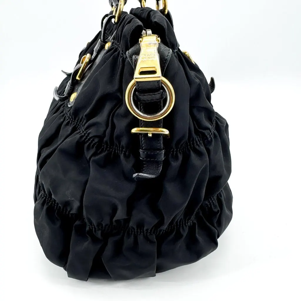 Prada Tessuto Gaufre Ruched Tote Bag Black Gold Black Polyamide Good - Box View