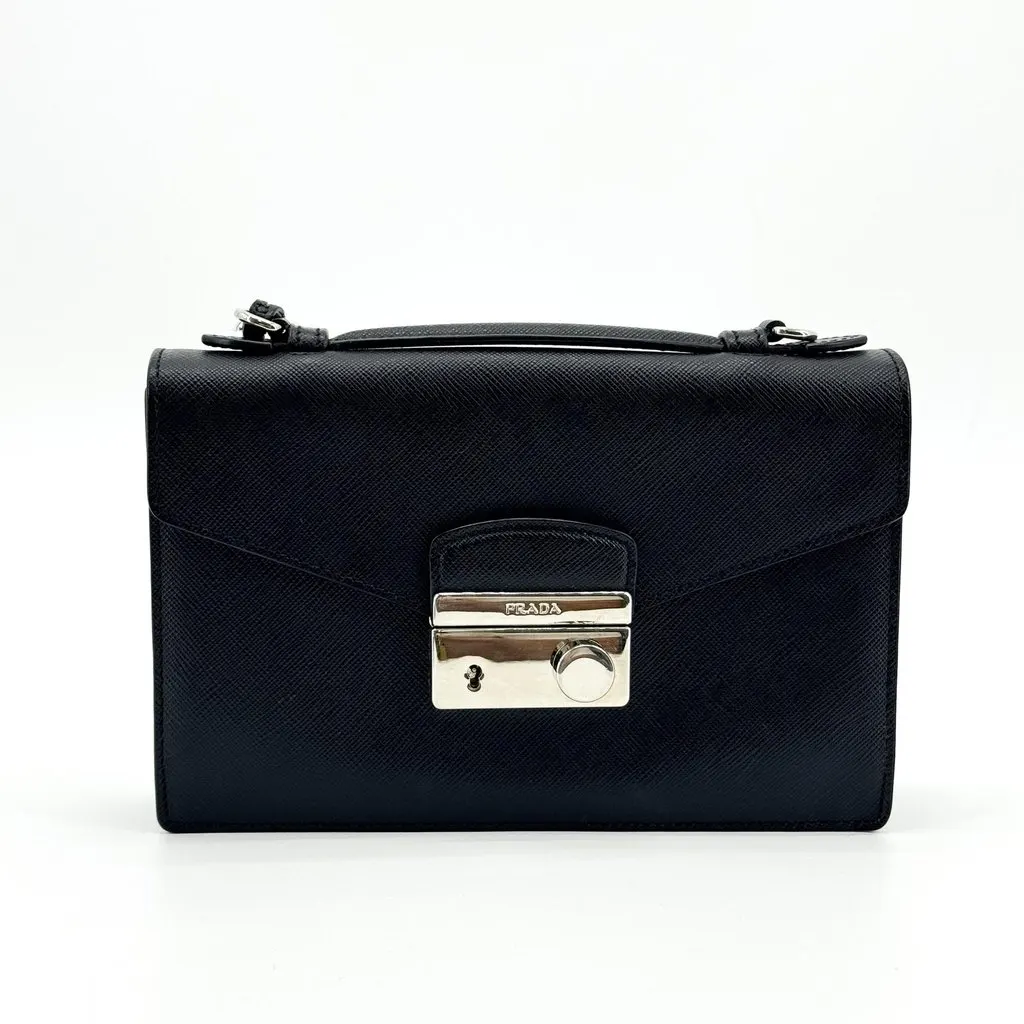 Prada Saffiano Lux Mini Top Handle Shoulder Bag Black Black Leather Very good - Front View