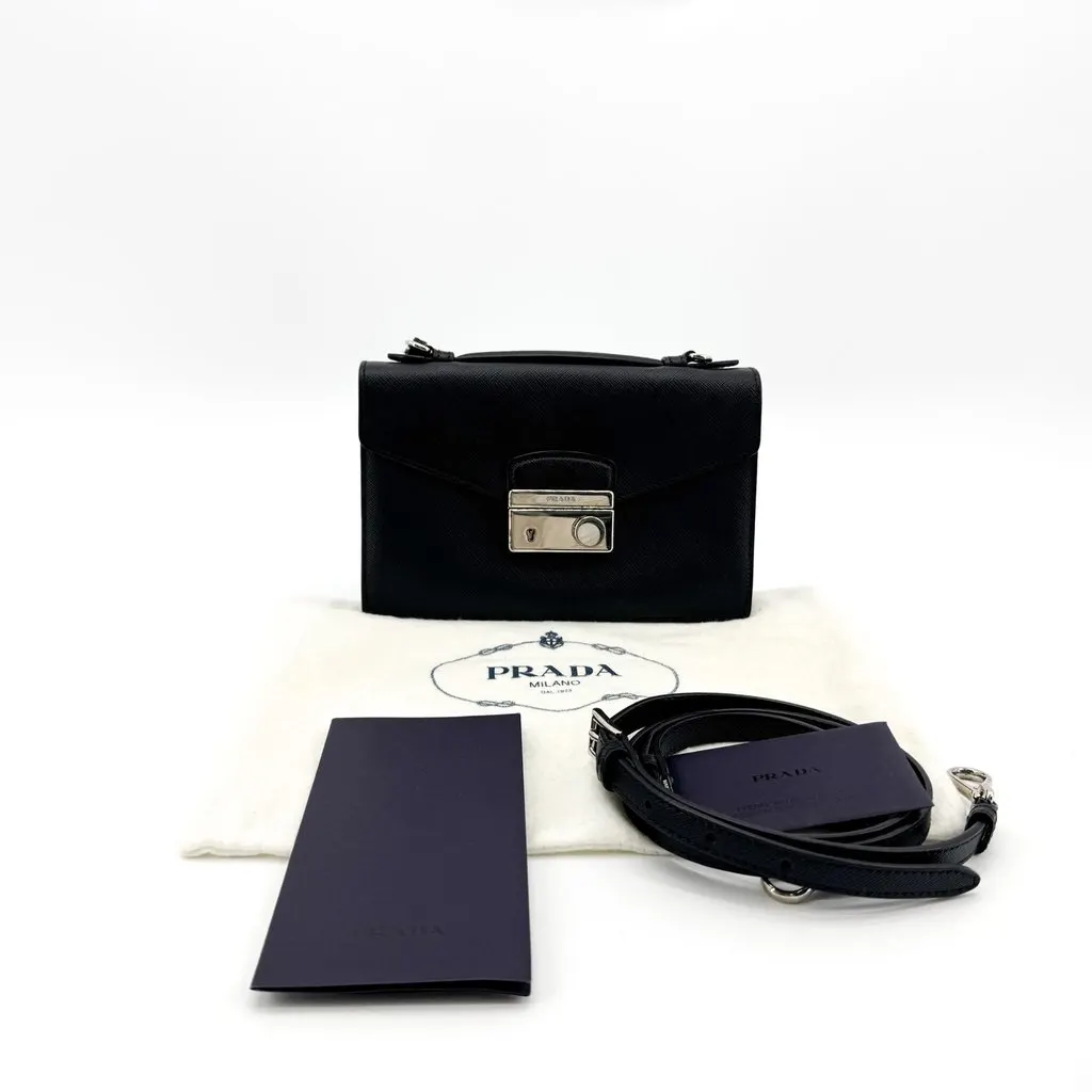 Prada Saffiano Lux Mini Top Handle Shoulder Bag Black Black Leather Very good - Back View