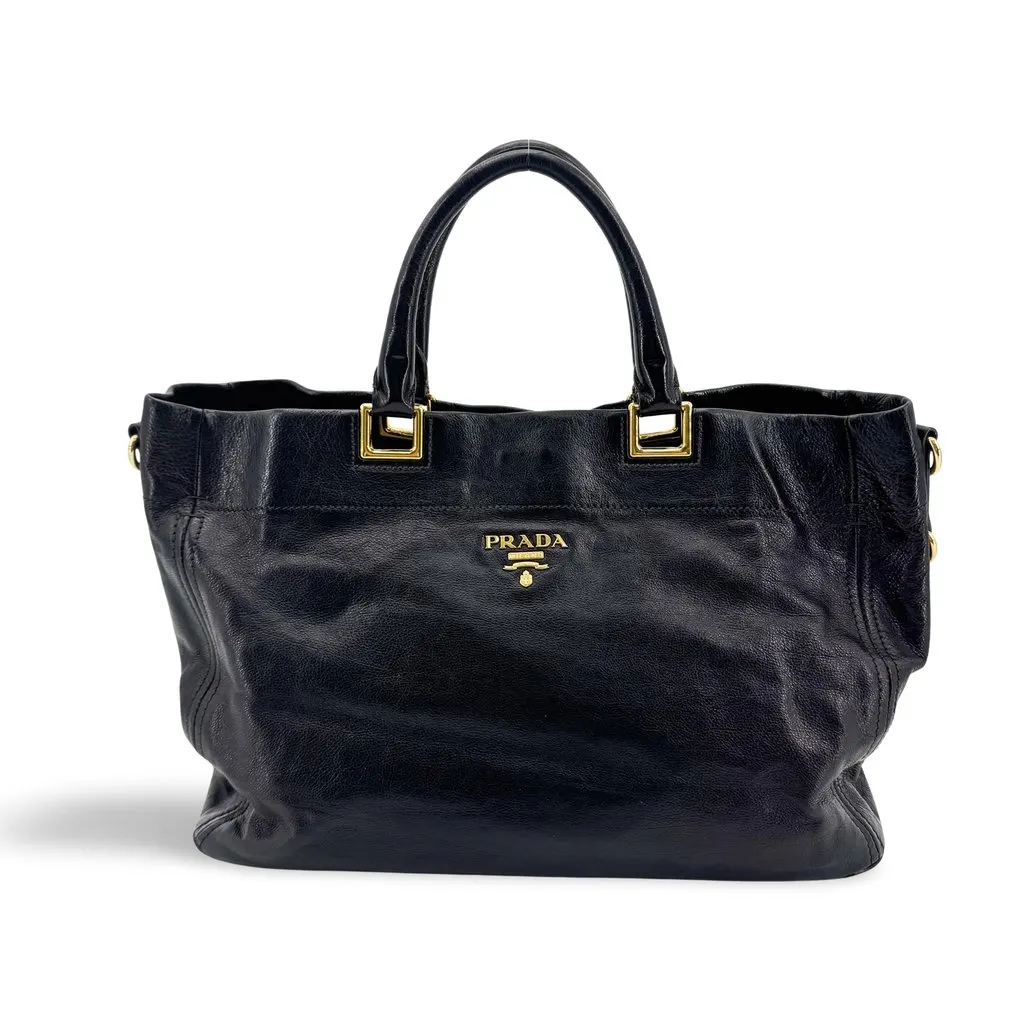 Prada Vitello Daino Tote Bag Black Gold Black Leather Good - Front View