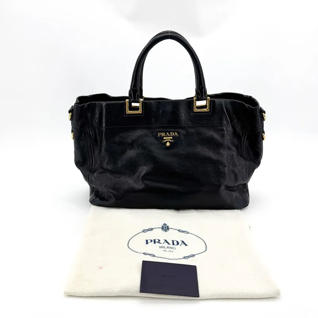 Prada Vitello Daino Tote Bag Black Gold Black Leather Good - Back View