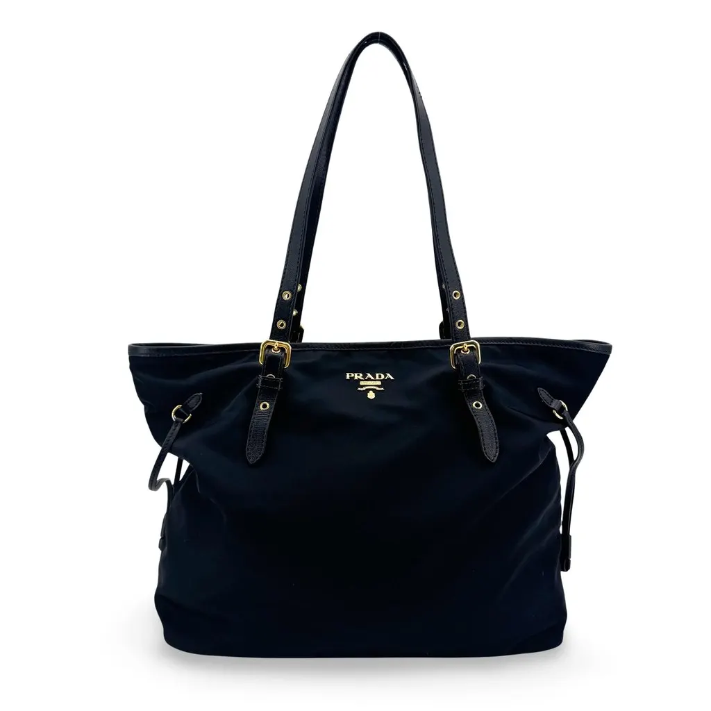 Prada Tessuto Nylon Saffiano Shoulder Tote Bag Black Gold Black Polyamide Good - Front View