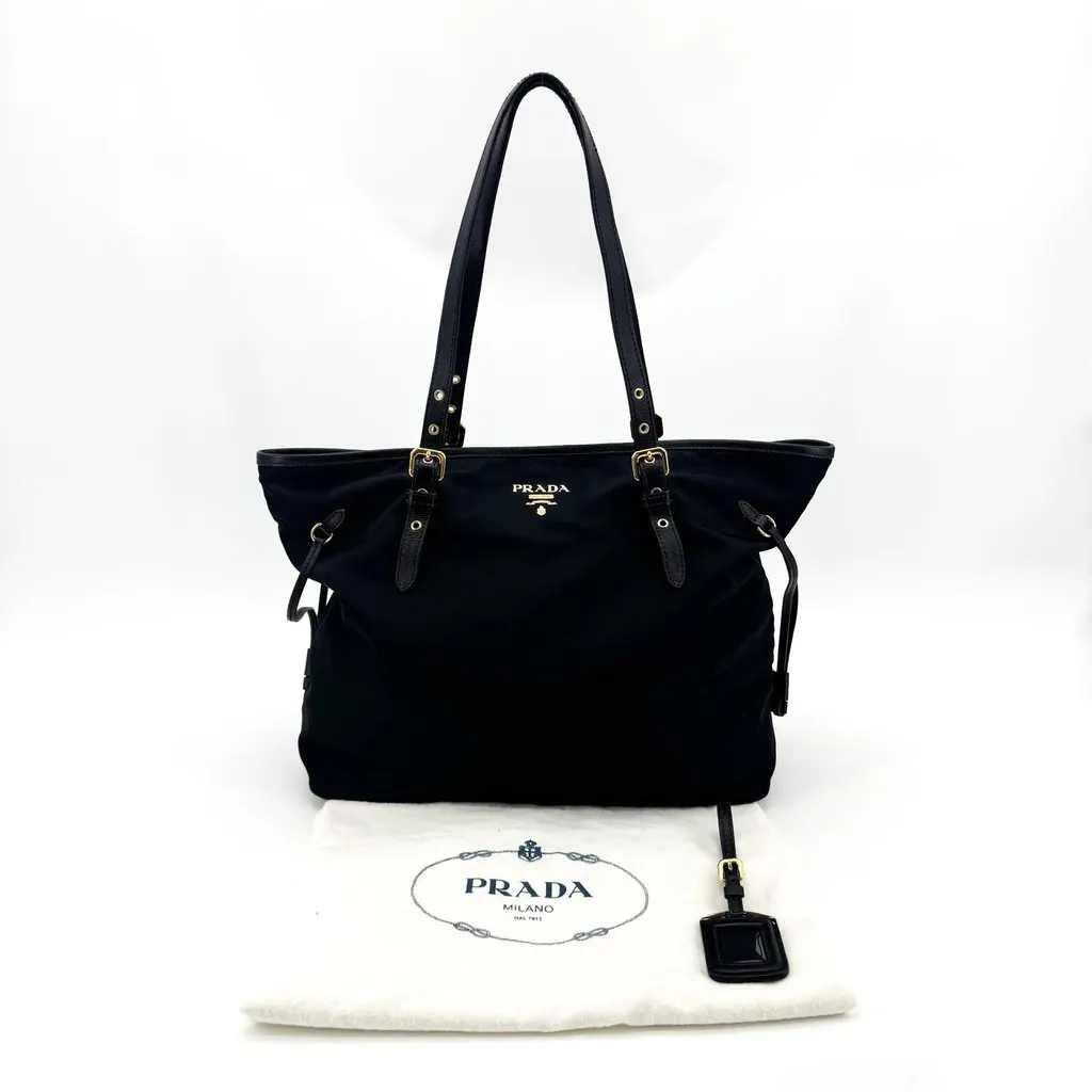 Prada Tessuto Nylon Saffiano Shoulder Tote Bag Black Gold Black Polyamide Good - Back View