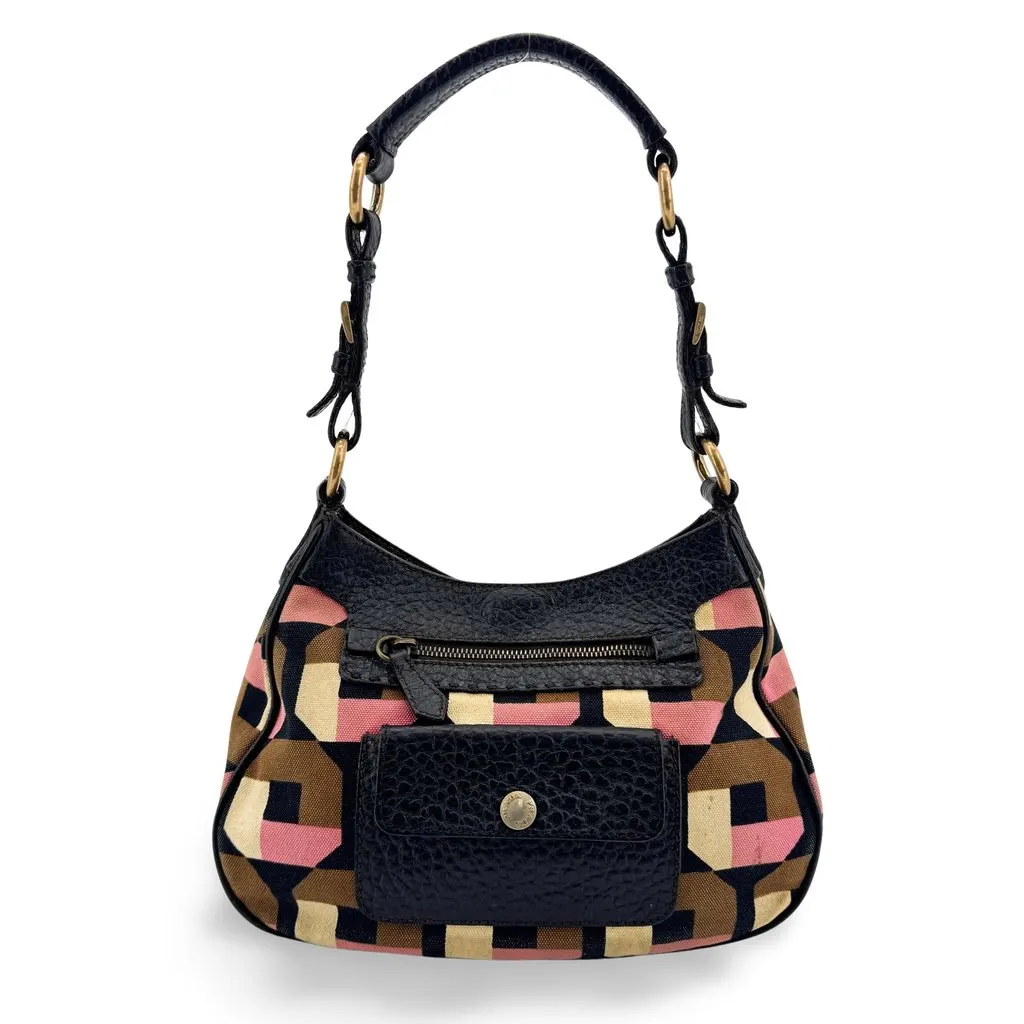 Prada Geometric Canvas and Leather Shoulder Bag Black Multicolor Beige Canvas Good - Front View