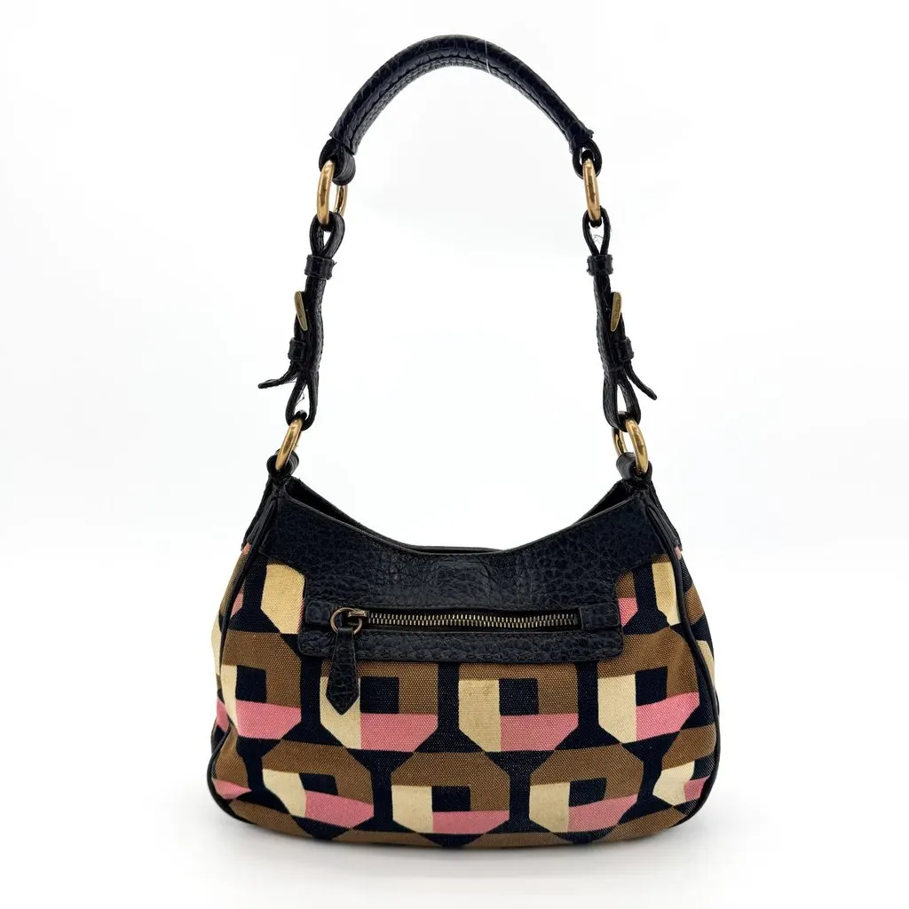 Prada Geometric Canvas and Leather Shoulder Bag Black Multicolor Beige Canvas Good - Back View
