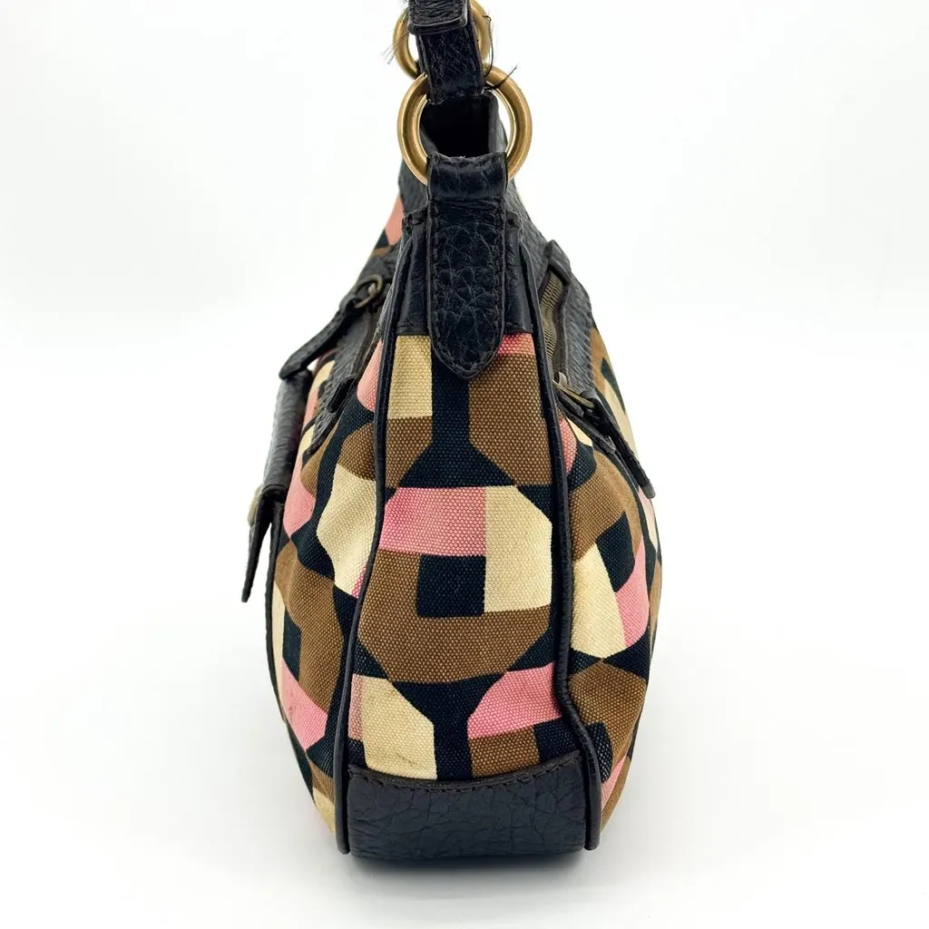 Prada Geometric Canvas and Leather Shoulder Bag Black Multicolor Beige Canvas Good - Inside View