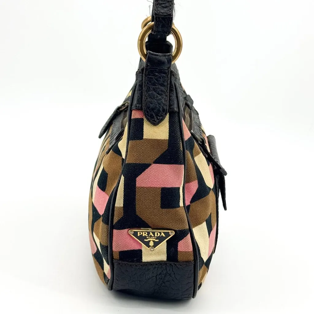 Prada Geometric Canvas and Leather Shoulder Bag Black Multicolor Beige Canvas Good - Model View