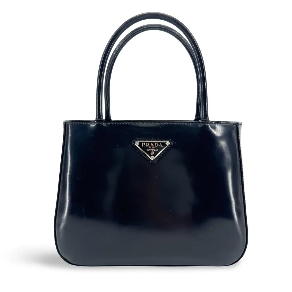 Prada Spazzolato Patent Leather Mini Tote Bag Black Black Leather Good - Front View