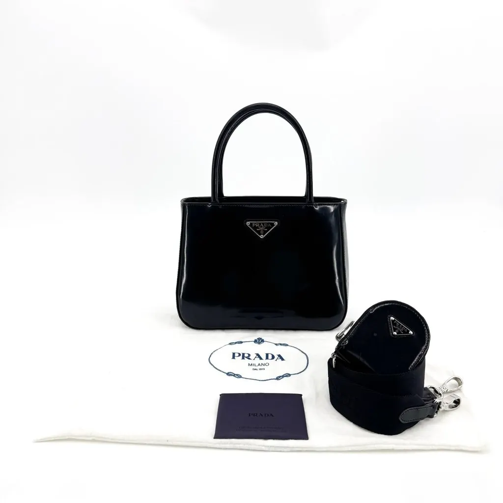 Prada Spazzolato Patent Leather Mini Tote Bag Black Black Leather Good - Back View