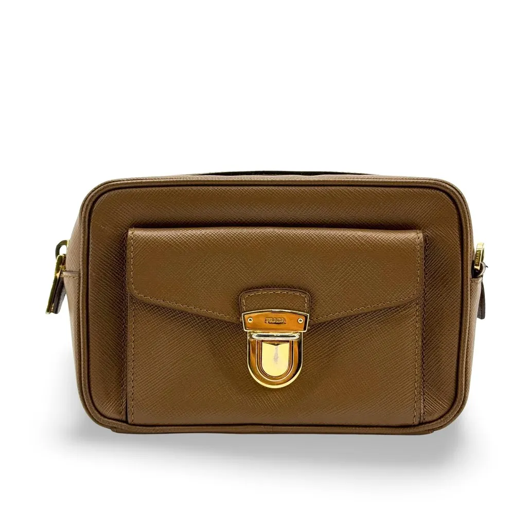 Prada Saffiano Shoulder Bag Brown Brown Leather Good - Front View