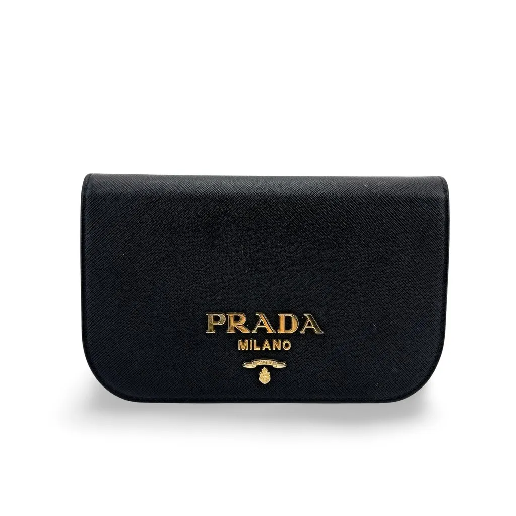 Prada Saffiano Leather Mini Shoulder Bag Black Gold Black Leather Fair - Front View