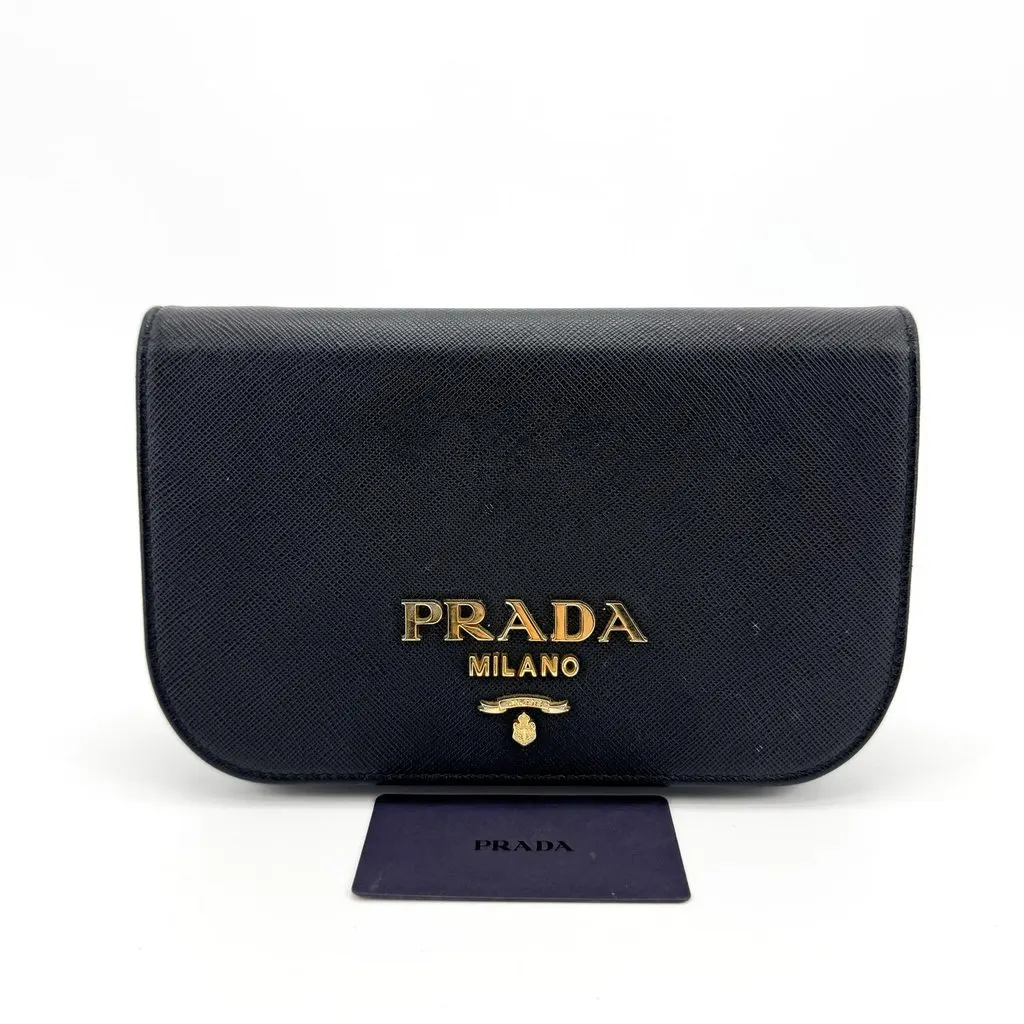 Prada Saffiano Leather Mini Shoulder Bag Black Gold Black Leather Fair - Back View