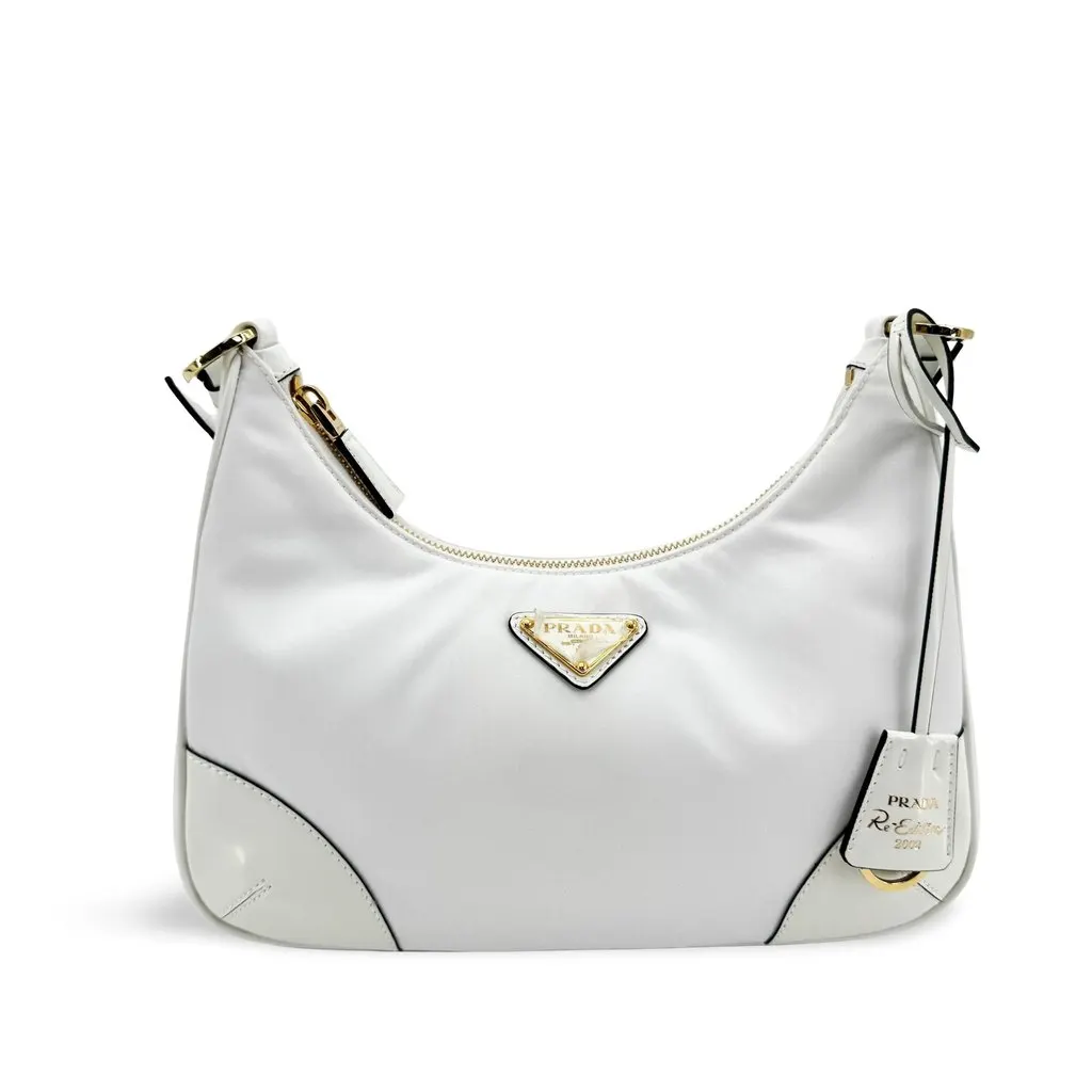 Prada Re-Edition 2002 Nylon and Brushed Leather Shoulder Bag White Gold Gold Polyamide Very good - Front View